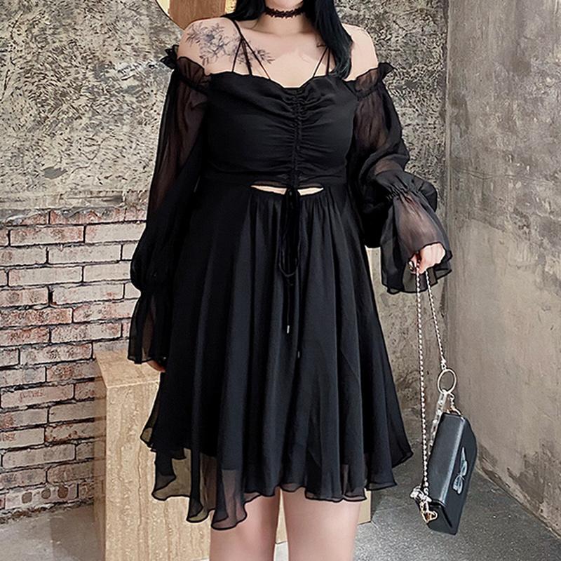 

Plus Size Dresses HOUZHOU Sexy Dress Women Black Gothic Off Shoulder Sleeves Shirring Chiffon 4XL Summer Casual Streetwear Party
