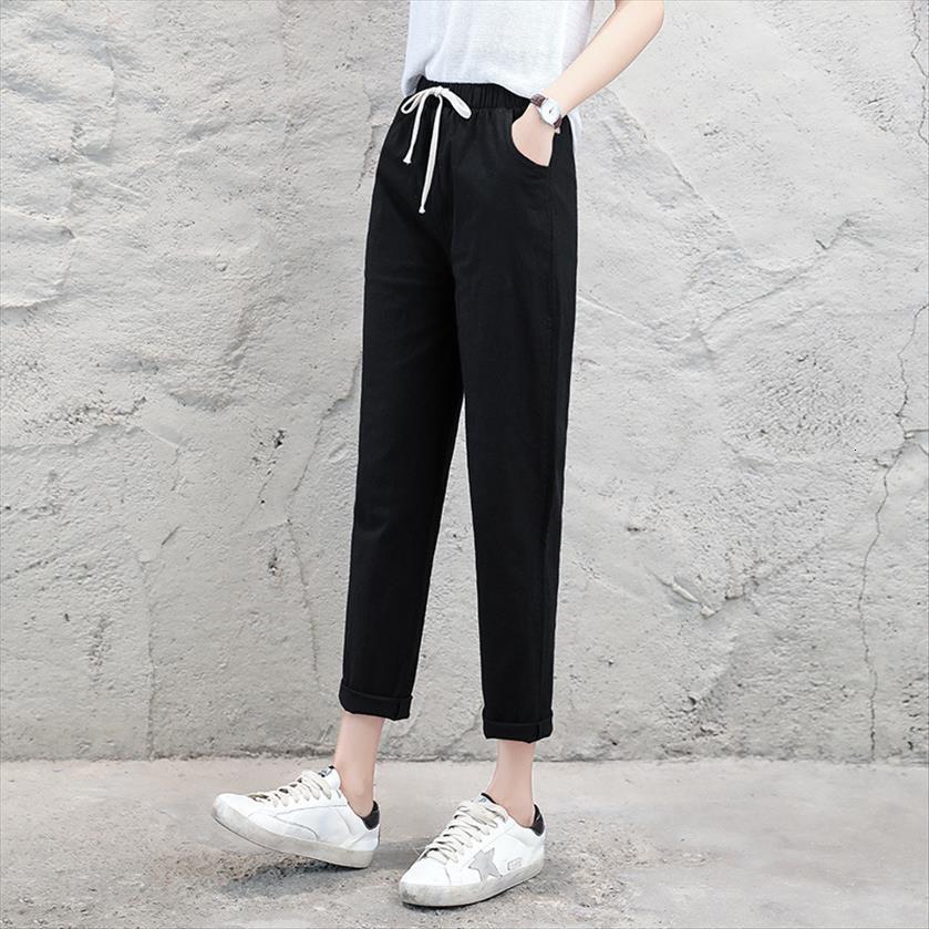 

high waist elastic harem women pant casual ol cotton linen ankle length capris trouser pencil summer s xxl, Black;white