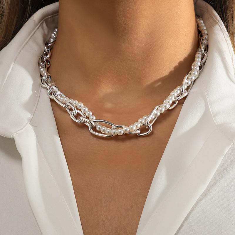 

Chains Modern Jewelry Choker Necklace Pretty Design Style Selling Simulated Pearl For Women Lady Gifts, Silver