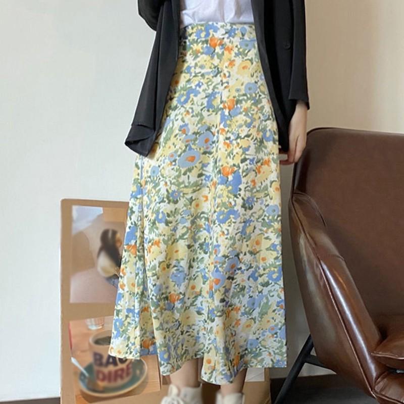 

Women Retro Floral Long Skirt Summer Beach Sunny Skirts High Waist, As pic