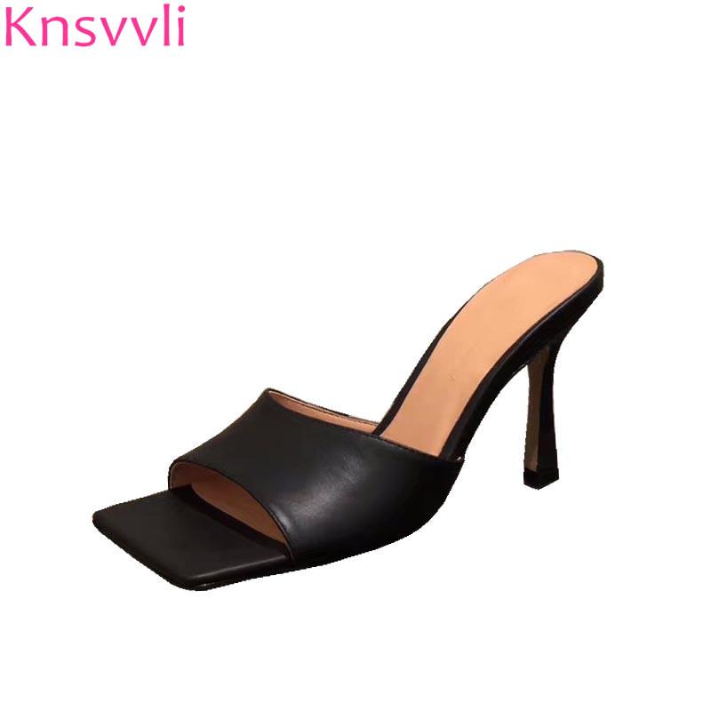 

Slippers 2021 Square Open Toe Thin High Heels Slingback Summer Shoes Sexy Genuine Leather Mules Women Zapatos Mujer, Black