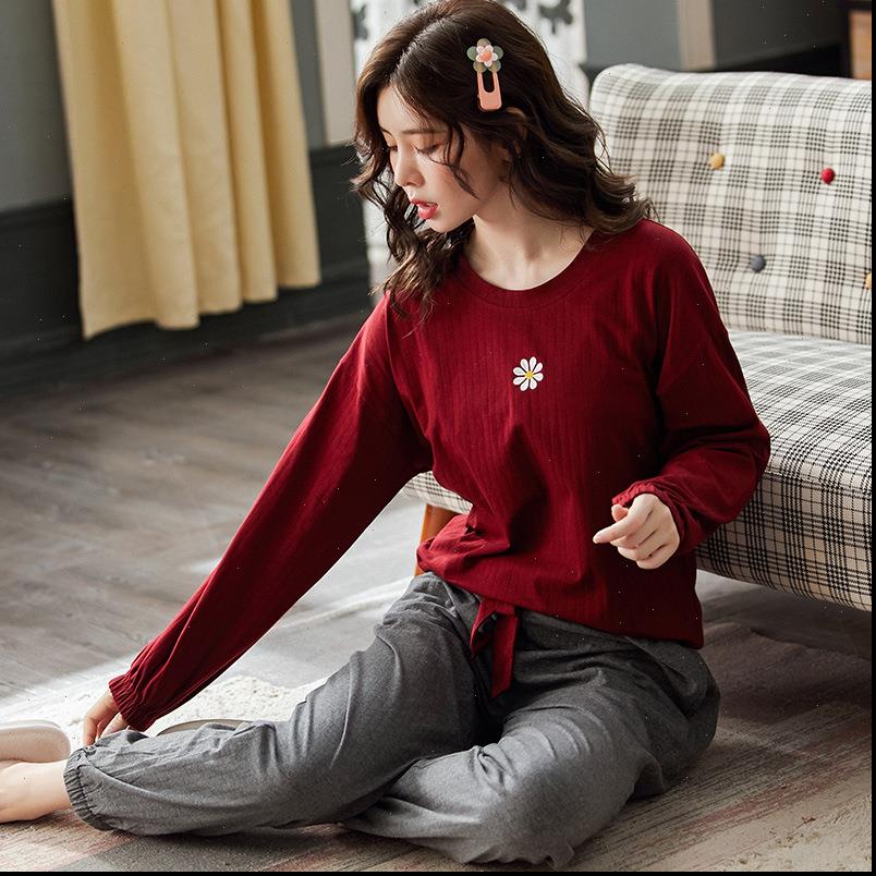 

red sets lovely flower womens sleepwears pattern pajamas cotton long sleeve home wear femme underwear pijamas, Black;red