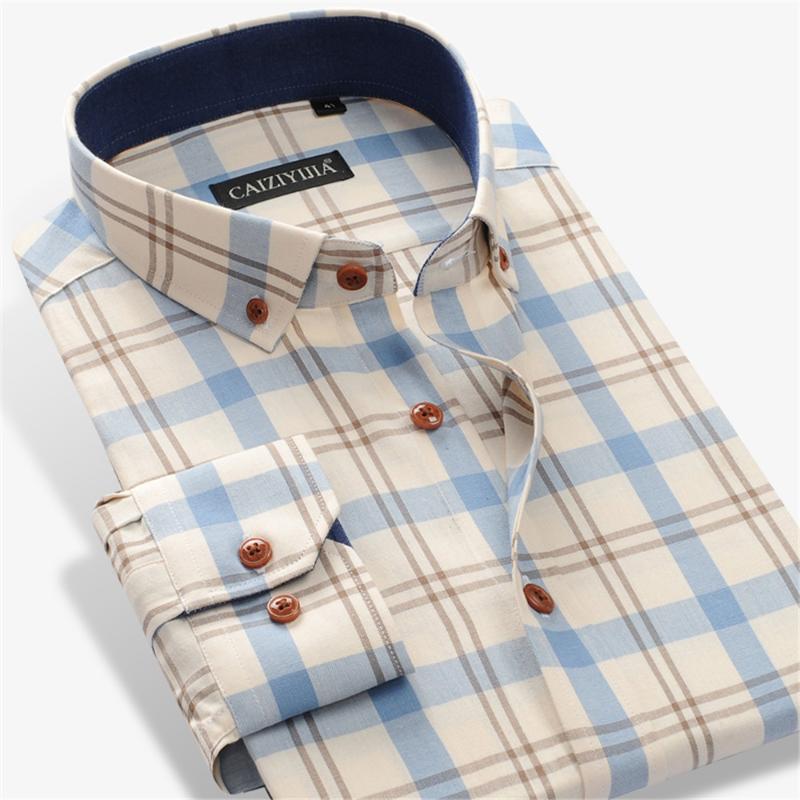 

Men's Dress Shirts 100% Cotton Long Sleeve Contrast Plaid Checkered Shirt Pocket-Less Design Casual Standard-Fit Button Down Gingham, Beige