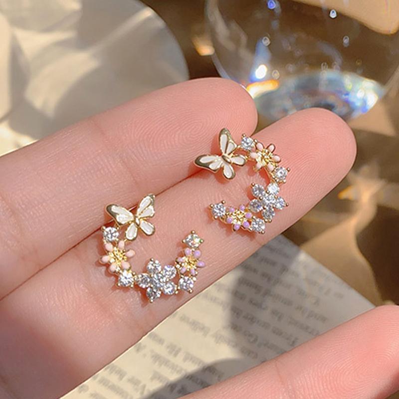 

Stud Trendy Design 14K Real Gold Butterfly Crystal Earrings For Women Temperament Jewelry S925 Silver Needle Shiny Zircon Gift, Golden;silver