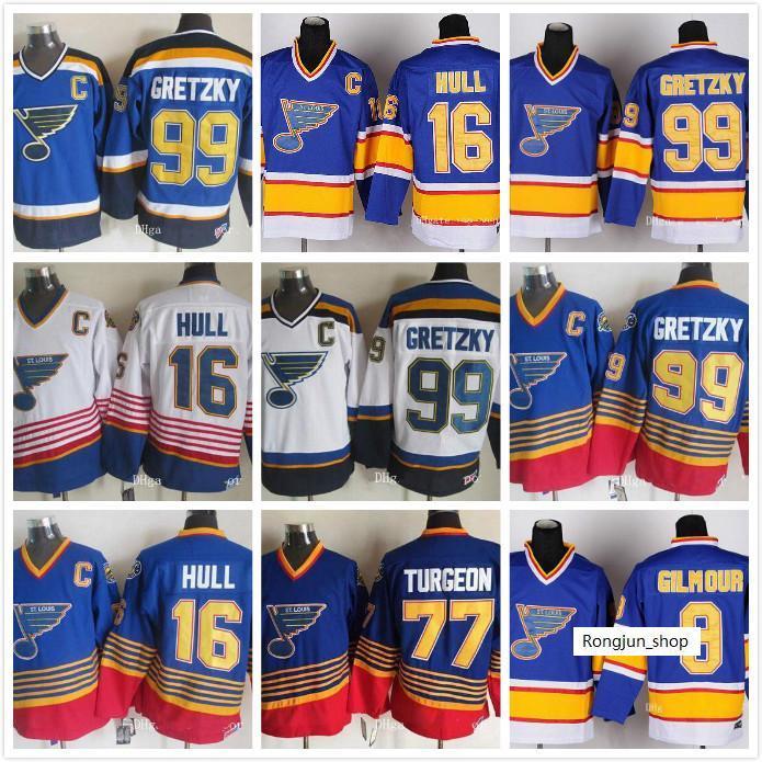 

St Louis Blues Jerseys Hockey Vintage 16 Brett Hull 99 Wayne Gretzky 2 AL MacINNIS 9 Shayne Corson 9 Doug Gilmour blue white, Colour 7