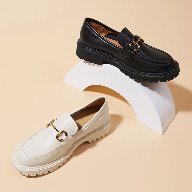 

dress shoes women's retr o leather shoes with metal buckles, casual autumn moccasins, round-headed thick background, spring, 052c, Black