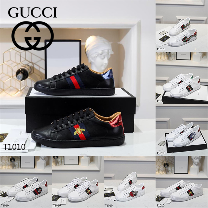 

GUCCI Luxurys Designers Shoes For Men Women Ace Sneakers Bee strawberry Tiger Fashion Flats Bottoms Casual Shoe Black White Leather Trainers Loafers, 19