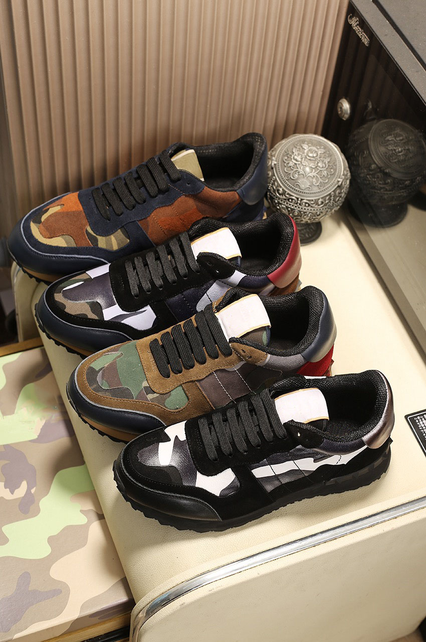 

Camouflage Sneakers Luxurys Designers Women Men Stud Shoes Rockrunner Top Quality Rivet Mesh Fabric Styles Casual Shoe With Box And Dust Bag, Black