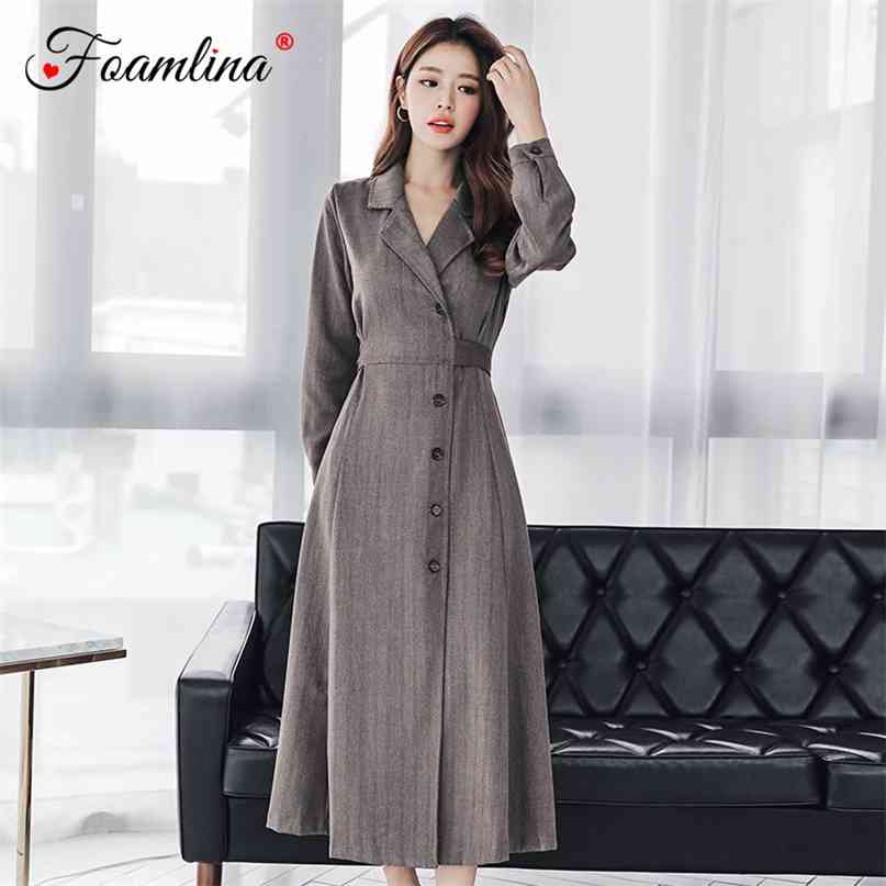 

Elegant Women' Trench Dress Notched Collar Long Sleeve Single Breated Bow Tie Sashes Work Office Vintage Midi 210603, Gray