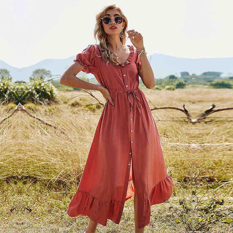 

Spring Puff Sleeve Long Solid Color Ruffles Button High Waist O Neck Elegant Dress For Women 2021 New Casual, Red