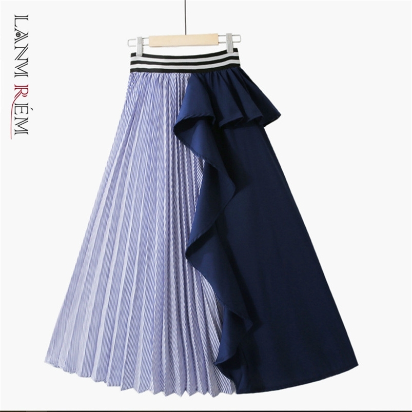 

LANMREM autumn Fashion Women Clothes Thin Striped Elastic Ruffles Contrast Colors A-line Halfbody Skirt WG19005 210721, Blue ship