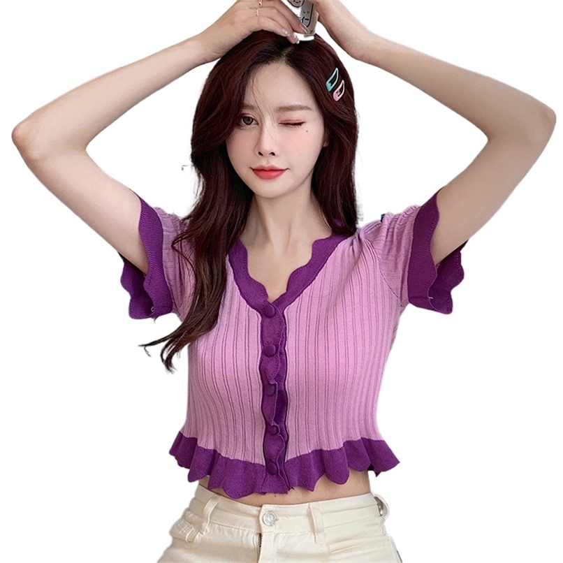 

Fashion women's T-shirt spring and summer net red girly contrast color top high waist cropped short knit 210520, Purple