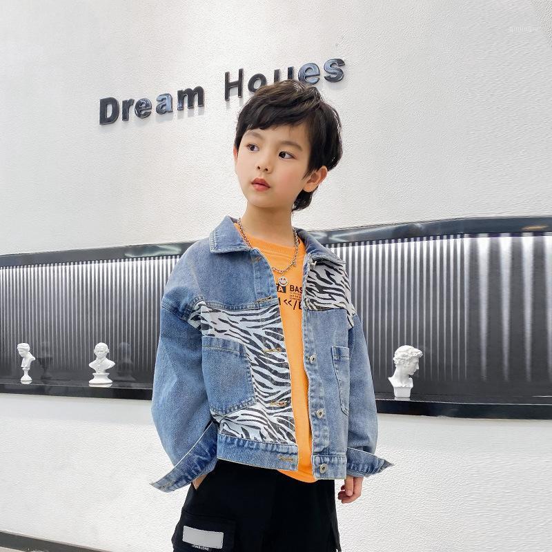 

Jackets Children Fashion Trend Stitching Jacket Kids Spring Triped Print Coat Boy Autumn Streetwear Teen Denim Outerwear Tops 5-15 Years, Blue;gray