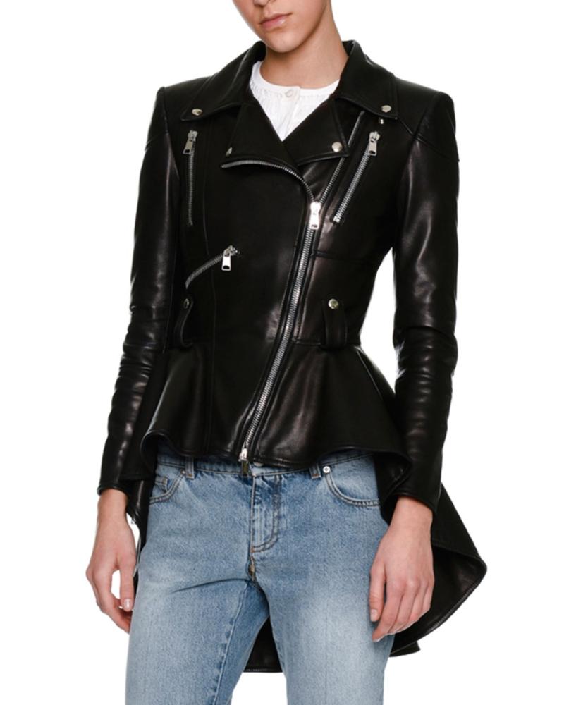 

Women' Leather & Faux SS2021 Brand Notched Lapels Frock Detail Asymmetric Zip Front High-low Hem Moto Peplum Biker Jacket, As pic