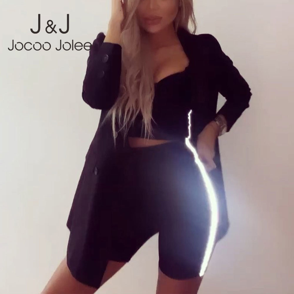 

Jocoo Jolee Women Summer Casual Two Pieces Set Streetwear Party Club Sexy Solid Reflective Side High Waist Shorts Tracksuit 210518, Black
