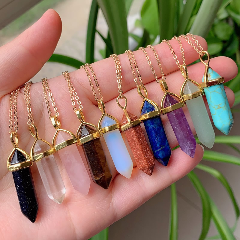 

Reiki Healing Natural Stone Necklace Chakra Pendant Hexagonal Bullet Amethyst Pink Purple Crystal Necklaces Women Jewelry