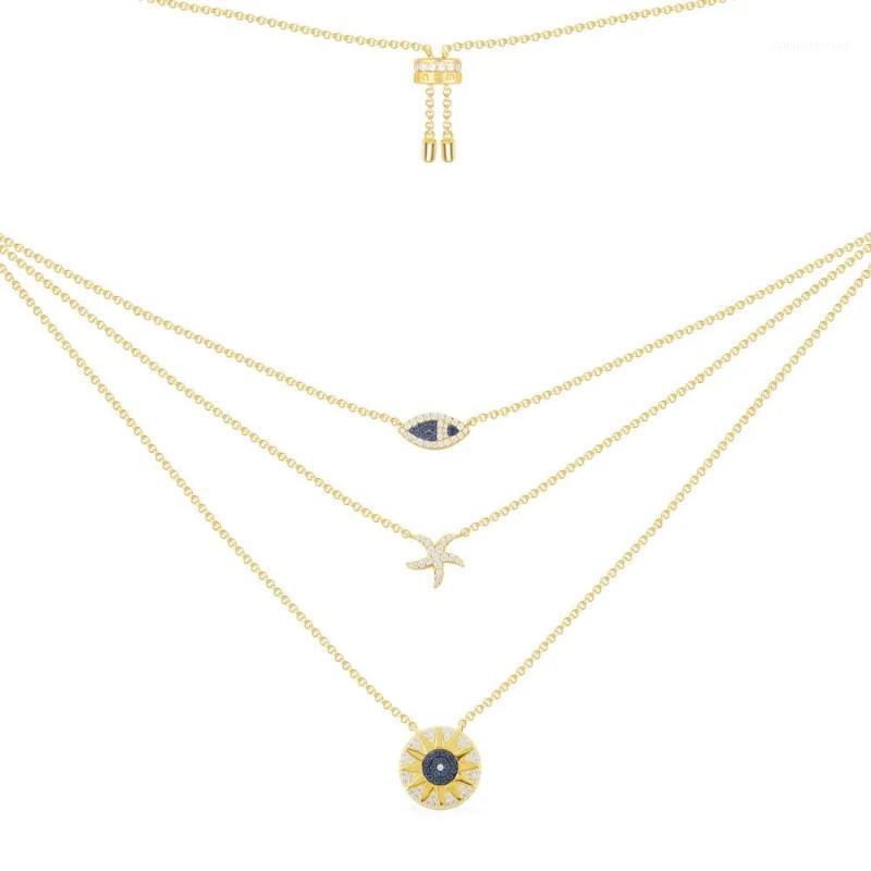 

Chains Fashion Real 925 Sterling Silver Gold Color Tropical Sea Star Fish Sun Triple Adjustable Necklace Women Brand Jewelry