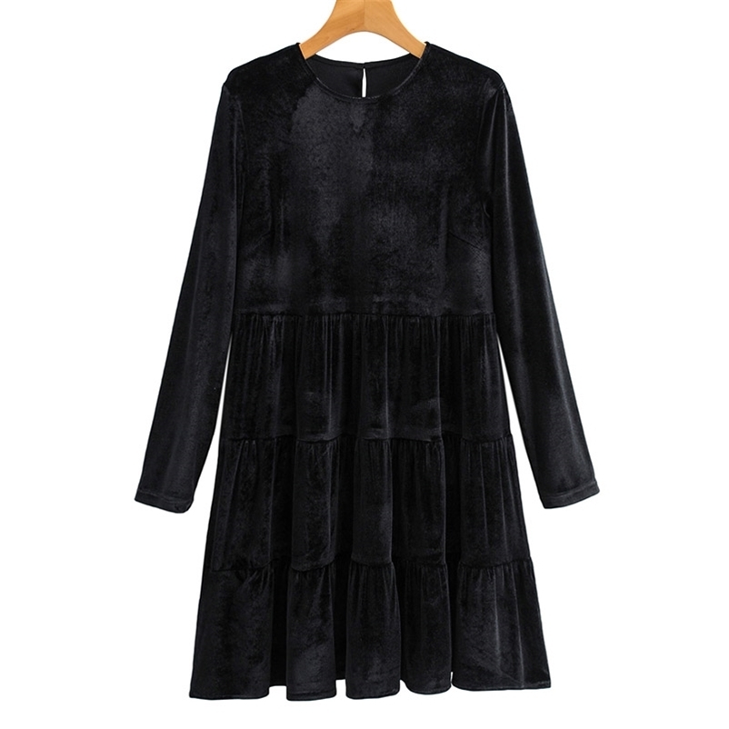 

Summer Women Sexy Dress Deep O-neck Black Female Long Sleeve Casual Pleated es High Quality A-Line Size L 210524