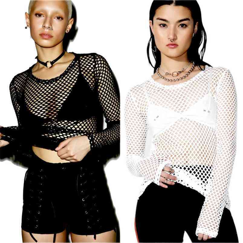 

Women T-Shirt Brand Mesh Fishnet Long Sleeve Sheer Tops Sexy Perspective Solid Black White Beachwear Hollow Out Clubwear 210522