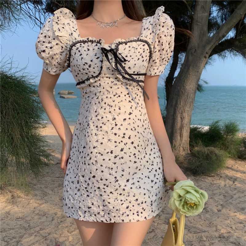 

Summer Floral Dress Women French Style Puff Sleeve Chiffon Party Vintage Casual Slim Mini 210526, Photo color