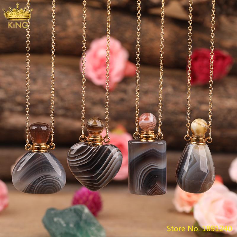 

Natural Botswana Agates Stones Heart Perfume Bottle Pendant Necklace Women Onyx Gemstones Diffuser Vials Gold Chain Necklaces