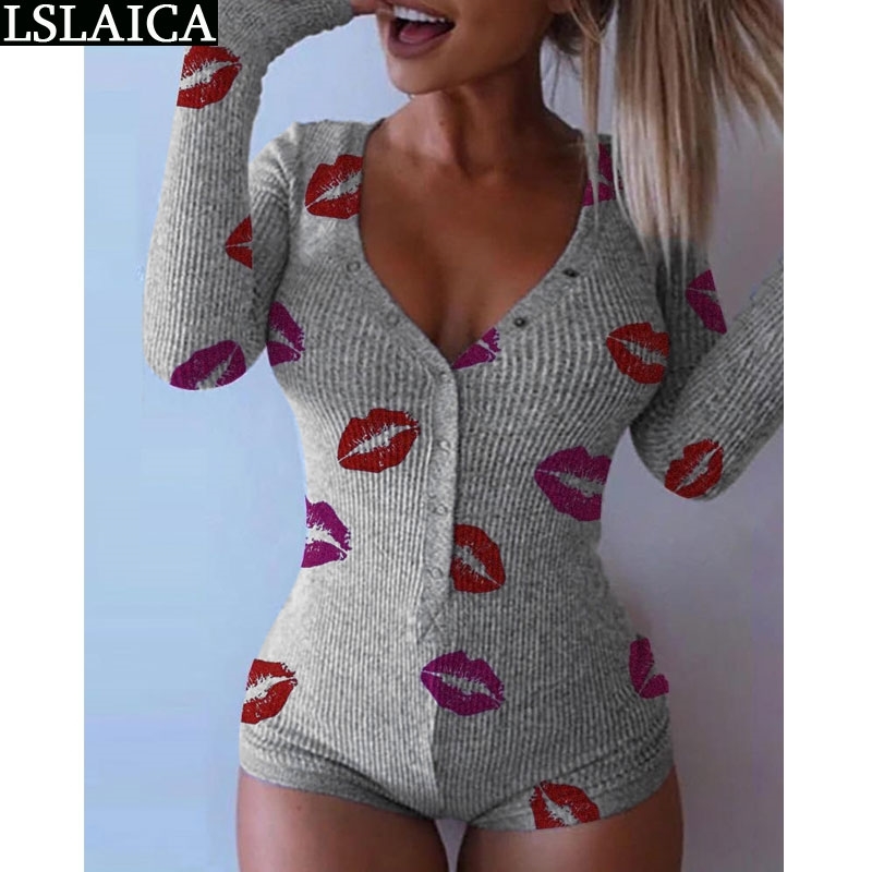 

Lslaica women jumpsuit long sleeve lips print slim elegant sexy bodysuit streetwear casual wild simple fashion 210520, Beige