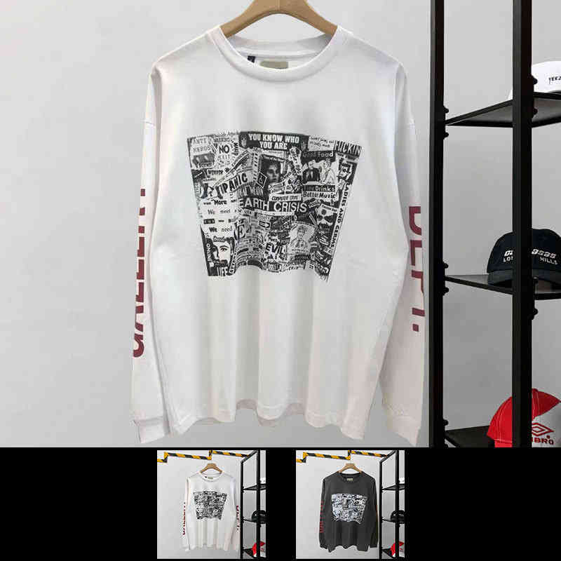 

Hip hop high street fashion brand GD new casual OS loose round neck printed long sleeve T-shirt, White