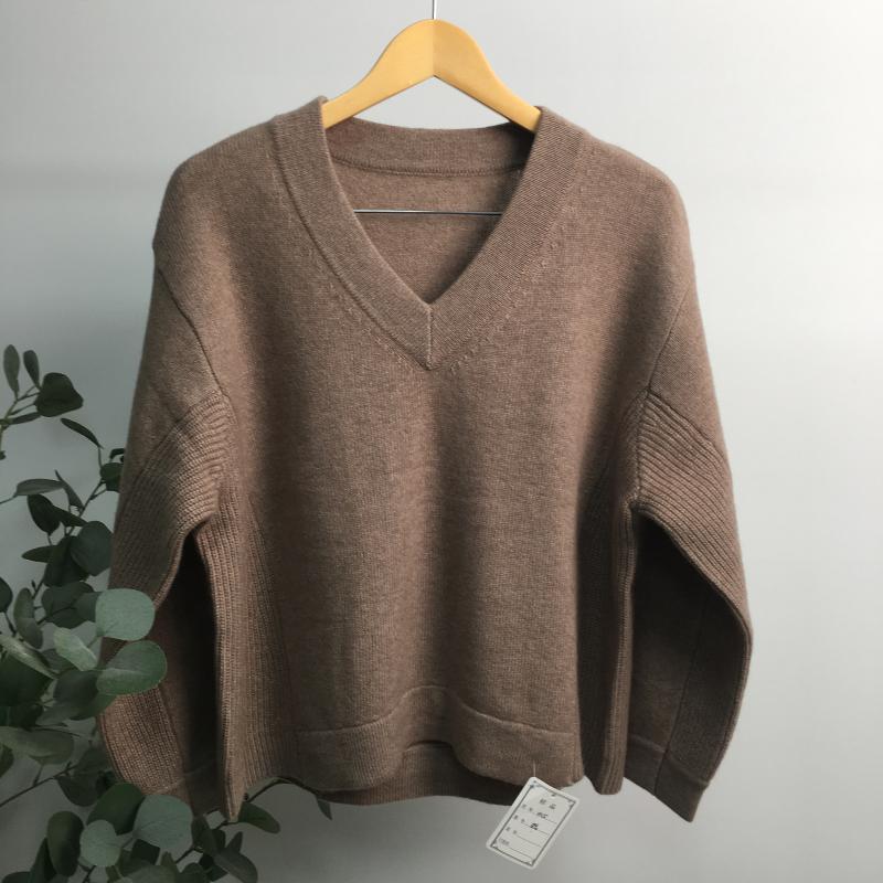 

Women's Sweaters 2021 Fall/Winter V-neck Solid Color Sweater Thicken Loose Wool Cashmere Long Sleeve Top, Khaki