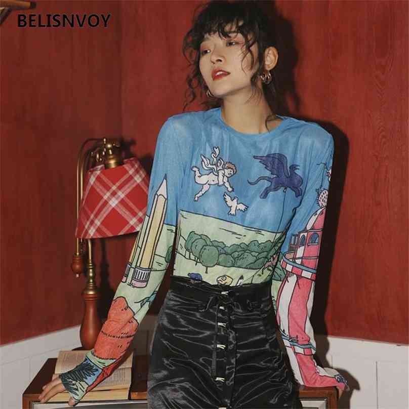 

Fashion Fall Spring Sheer Mesh Top Long Sleeve Tight T Shirt Women See Through Graphic Tees Basic Tshirt Underwear 210520, Blue