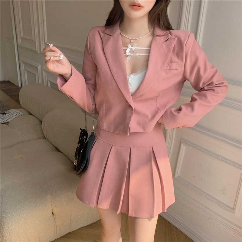 

Spring Women Skirt Suits Elegant Pink Single Button Ladies Blazer Jacket & High Waist Mini Pleated Skirts Suit 210526, Photo color