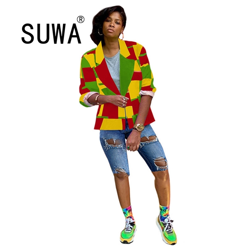 

Autumn Spring Women's Blazer Colorful Plaid Turn Collar Long Sleeve Top Tunic Official Store Slim Female Work Coat 210525, Multi