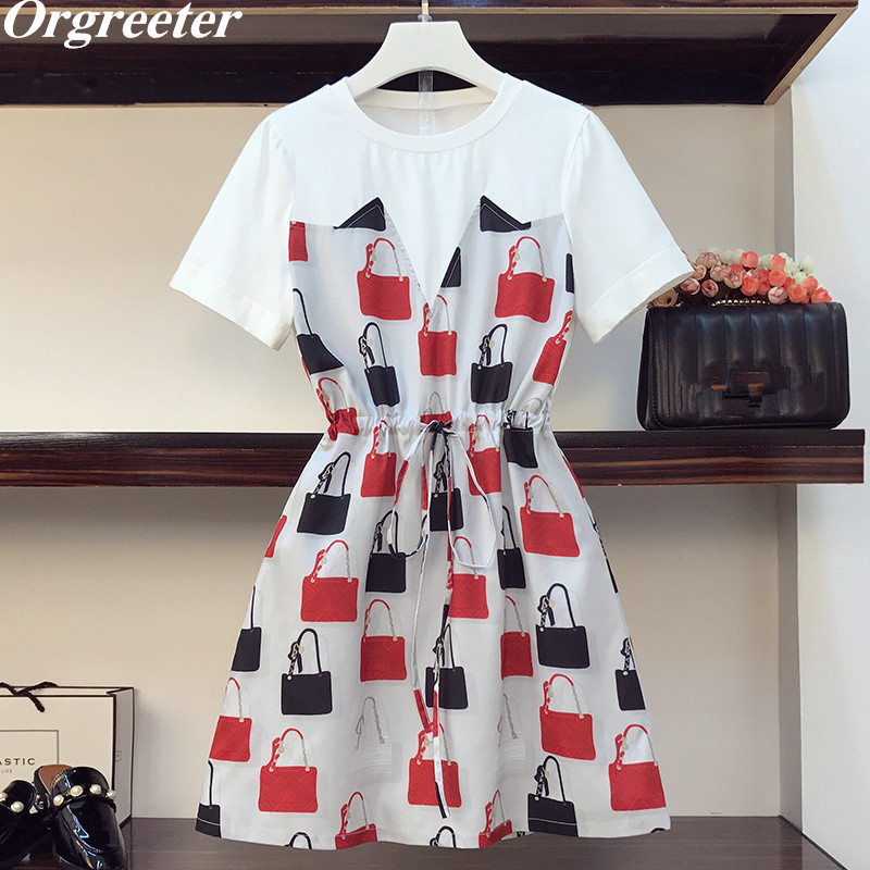 

Summer Plus size Women's Fake two-piece Dress Bag pattern Printed Stitching Adjustable waist Above-knee Tshirt 210525, White