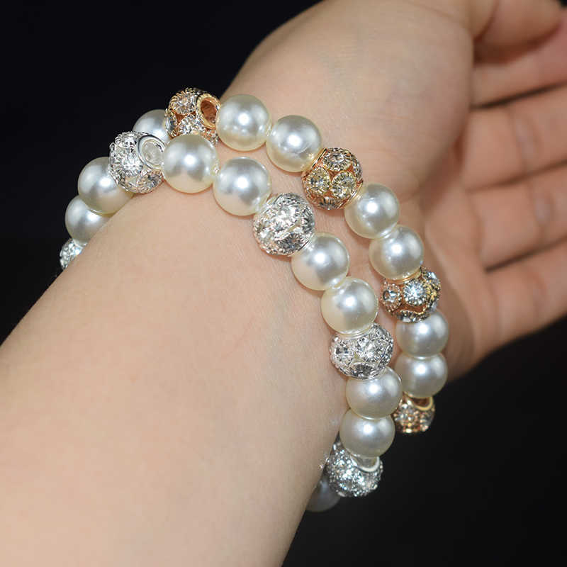 

Pearl Bracelet Crystal Ladies Elastic Silver Plated Gold Clastic Force Bridal for Women Jewelr Q0719