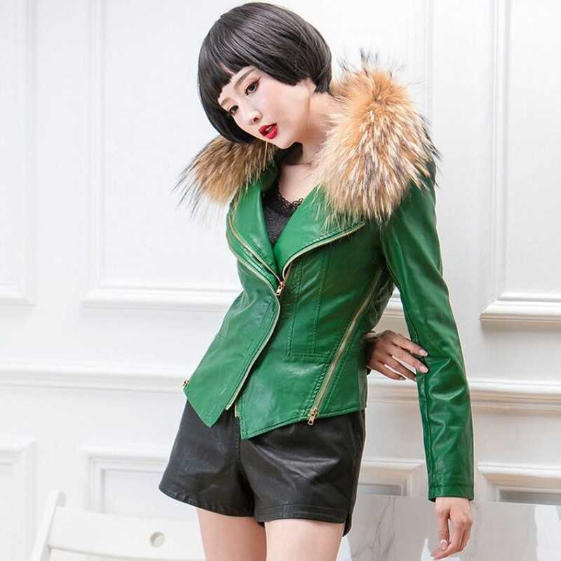 

Autumn Women Genuine Racoon Dog Fur Collar Leather Jacket Slim Stand Plus Cotton Motorcycle M-4XL 210601, Picture color