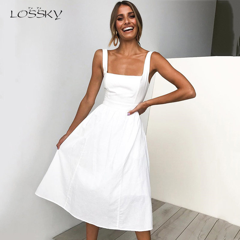 

Lossky Casual Solid Dress Women Midi Long Summer Sexy Backless Slip Dresses Ruched Fashion Elegant Party Clothes Leisure 2021, Black
