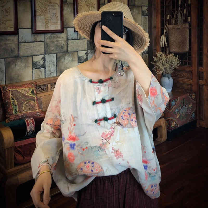 

Johnature Women Print Flower Shirt Blouses Vintage Clothes Autumn Tops Three Quarter Sleeve O-neck Loose Shirts Retro Tops 210521, Khaki