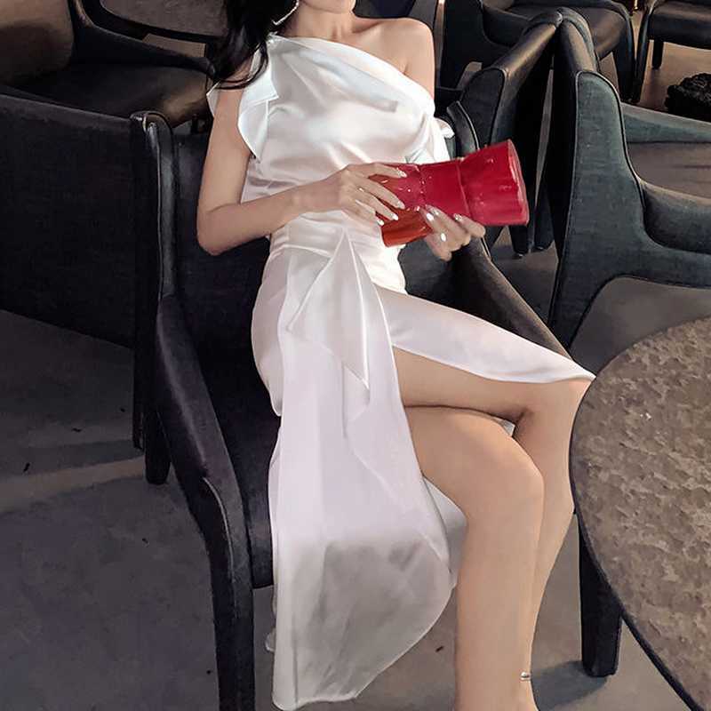 

Summer Elegant Chic White Dress Sets Off Shoulder Ruffle Tops Casual Prom Light Satin Split Skirt Irregular Party Two-piece Set 210604