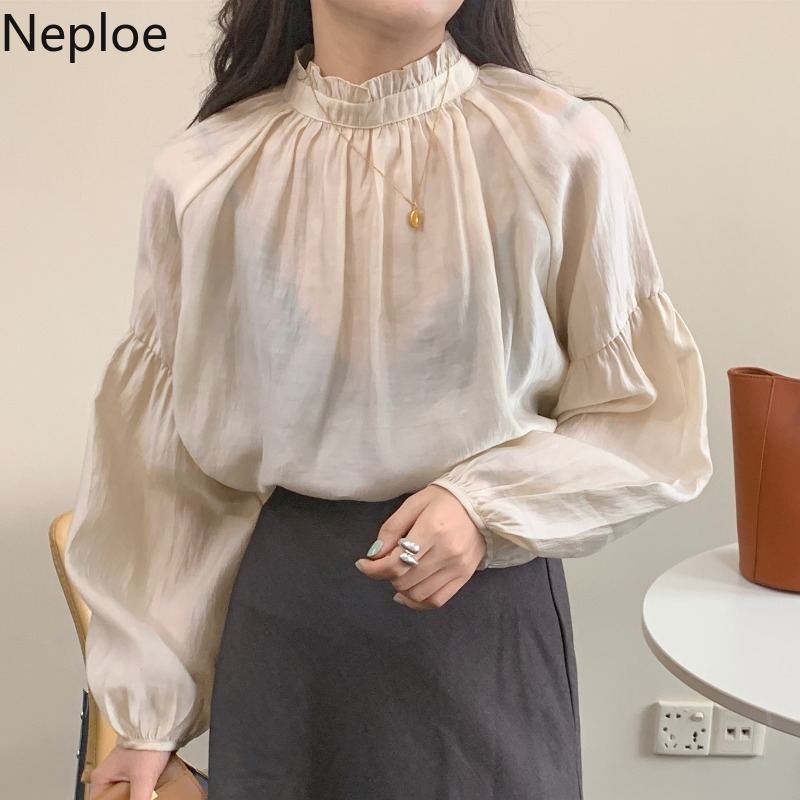 Neploe Blusas Mujer De Moda Chic Stand Neck Solid Color Blouses Women Sweet Puff Sleeve See Through Vintage Shirt Tops 210422