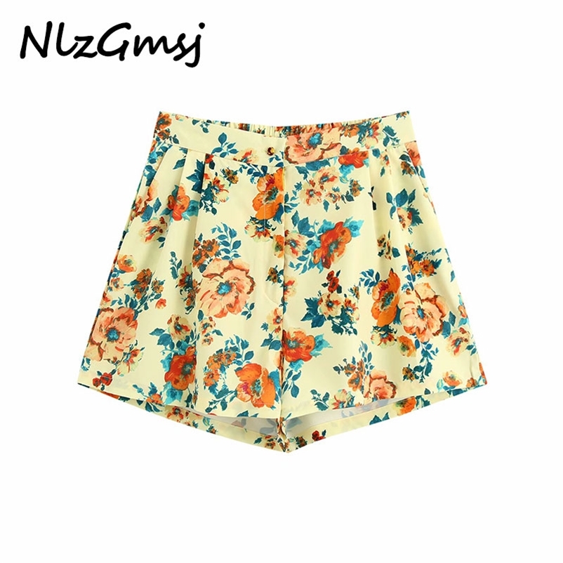 

Women Chic Fashion Floral Print Side Pockets Shorts Vintage High Waist Zipper Fly Back Elastic Female Short Pant 210628, Yellow