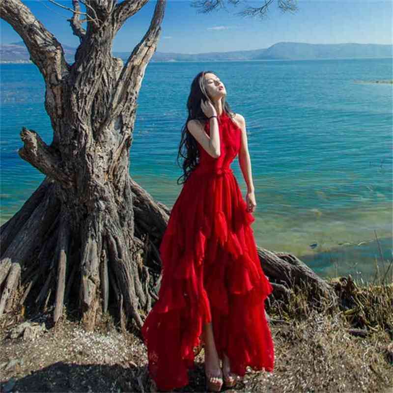 

Summer Women Bohemian Holiday Beach Maxi Dress Sexy Off Shoulder Chiffon Ruffles Red Irregula Big Swing Long 210603, Picture color
