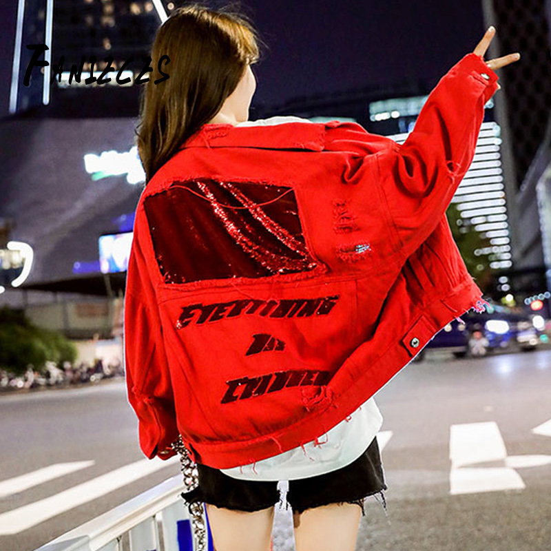 

Autumn Loose Pocket Hole Sequin Embroidery Black Red Denim Jacket Female Outwear Retro Women Tops Chamarras de mujer 210520