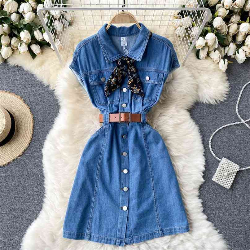 

Korean Chic Denim Dress Summer Women Fashion Clothes Vintage Turn-down Collar Single Breasted Belted Mini Jeans 210603, Blue
