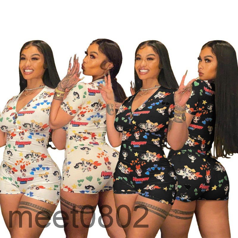 Women&#039;s Jumpsuits & 9 colors Hot selling Jumpsuit 2021 spring and summer fashion V-neck casual cartoon printing Onesies home service Slim Ro-image-689926965