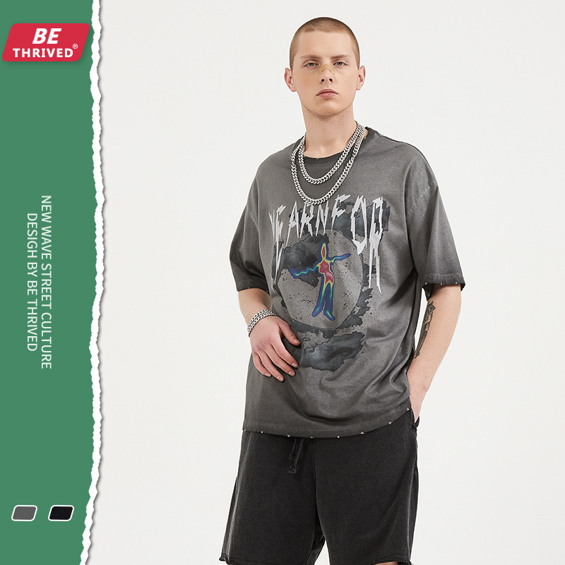 

be men | 2021 summer new make old infrared body temperature printing short sve fashion street fashion t-shirt, White;black