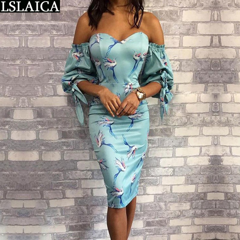 

Party dress off the shoulder Red-crowned Crane print backless fashion sexy female long sleeve bandage bodycon ladies 210520, Turquoise
