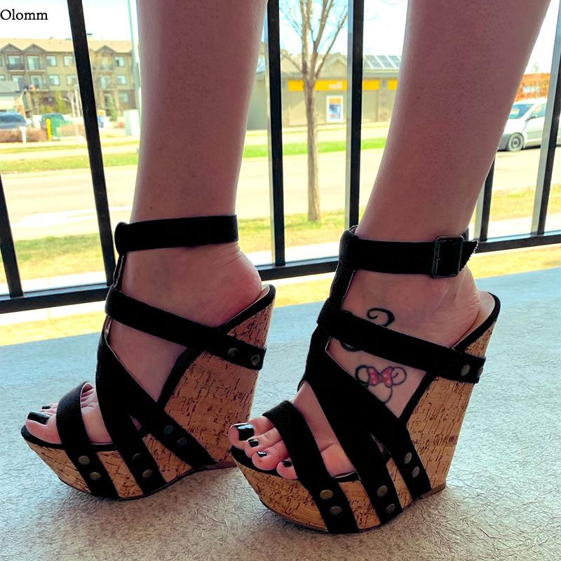 

Sandals Olomm Handmade Women Platform Wedges Heel Open Toe Elegant Black Blue Purple Wine Red Party Shoes Size 35 47 52, D3173 black