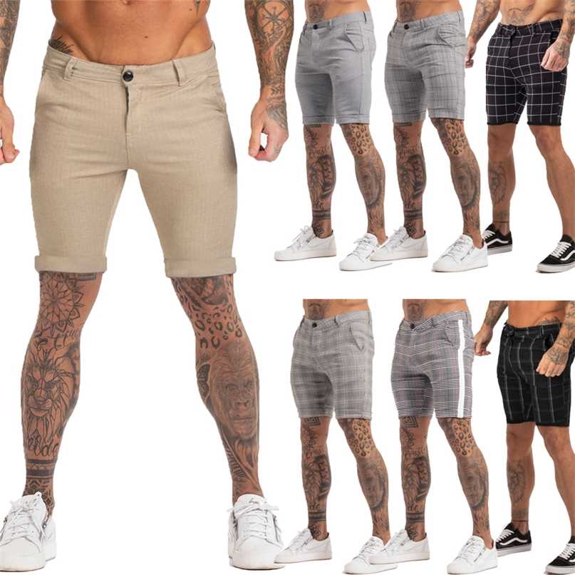 

Men's Shorts Homme Summer Elastic Waist Plaid Short Skinny Fit Fashion Brand Fitness Shorts for Men Casual Stretchy Chinos 211108, Khaki plain zm825