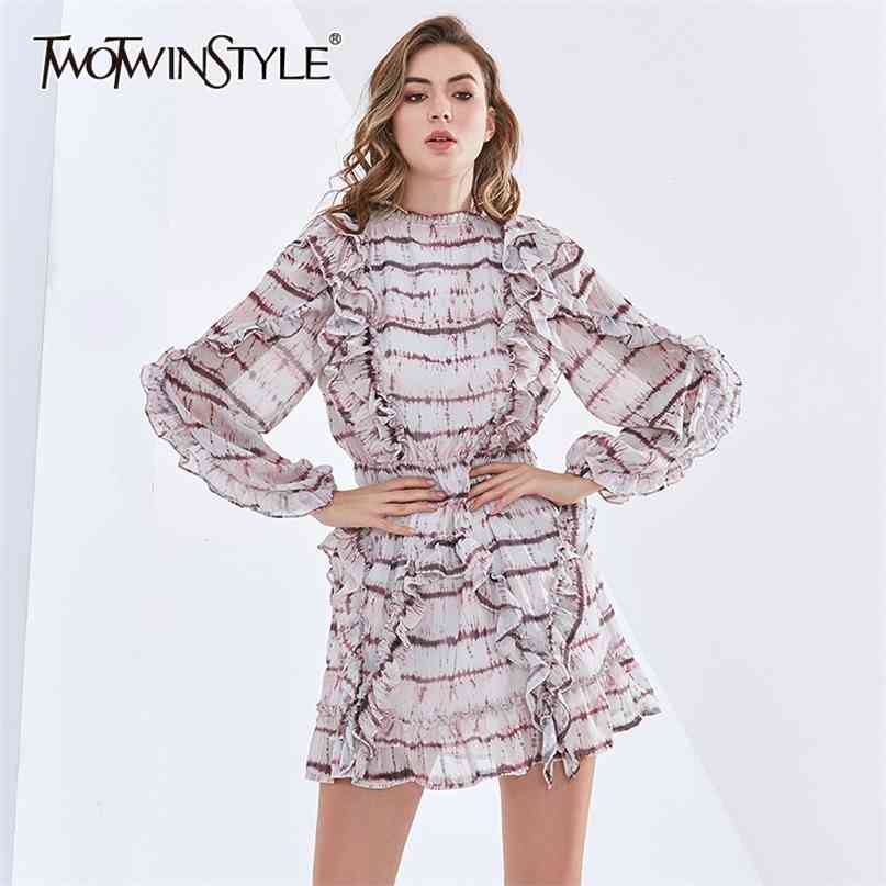 

Striped Patchwork Ruffle Dress For Women Stand Collar Long Sleeve High Waist Slim Dresses Female Fashion 210520, Aspicture