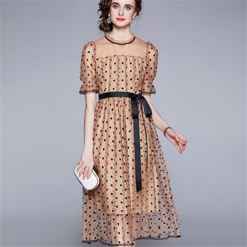 

Fashion Summer Women Lace Dot Puff Sleeve Dresses Slim Mesh Long Sexy Clothing Vestidos 210603, Picture color