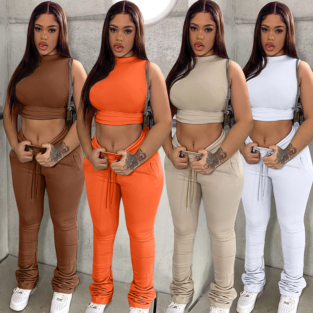 

Casual Sporty Jogging Long Pant Suit for Women Sleeveless Slim Fit Crop Tops and High Waist Drawstring Stacked Sweatpant Athleisure Set, White